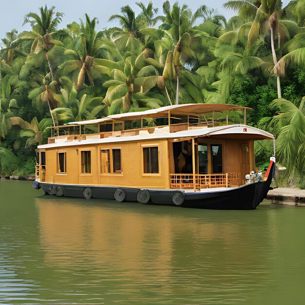 Photo a boat with a yellow roof is on the water