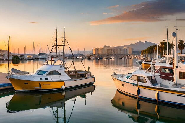 A boat with a yellow stripe is docked in a harbor