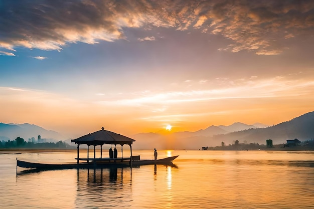 A boathouse on a lake in the mountains