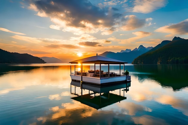 A boathouse on a lake with a beautiful sunset in the background.