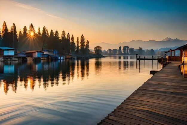 Premium Photo | A boathouse sits on a dock at sunset