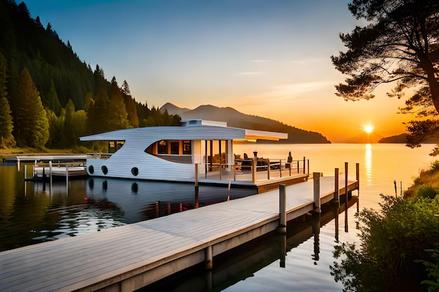 Premium AI Image | A boathouse sits on a dock at sunset.