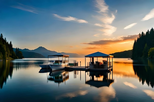 A boathouse sits on a lake in front of a mountain view.