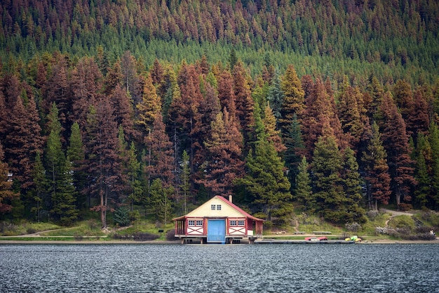 Boathouse with canoe on pier in autumn pine forest on hill in Maligne lake Jasper national park