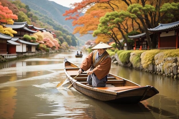 Boatman punting the boat at river