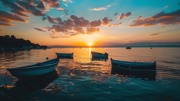 Boats at anchor in a calm sea at sunset The sky is a gradient of orange yellow pink and blue