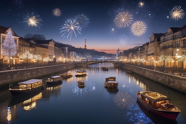 boats are docked in a canal with fireworks in the sky above