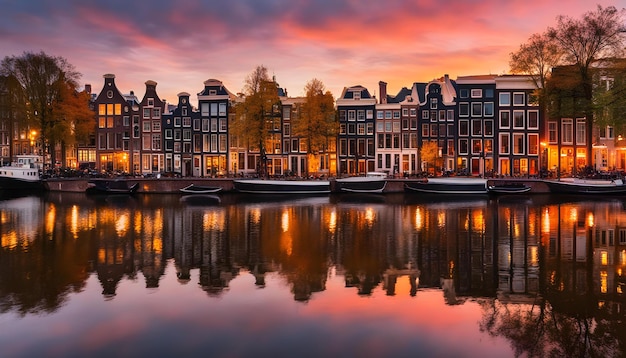 Photo boats are docked at the river in front of a sunset