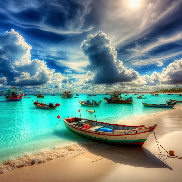 Лодки плывут по пляжу против неба.
