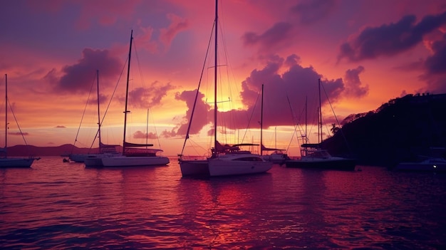 Boats bask under a fiery sunset anchored in tranquil waters