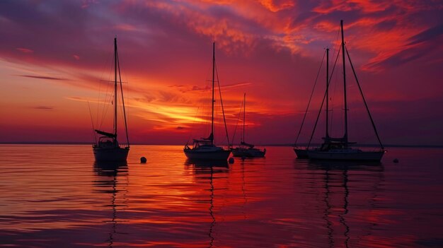 Boats bask under a fiery sunset anchored in tranquil waters