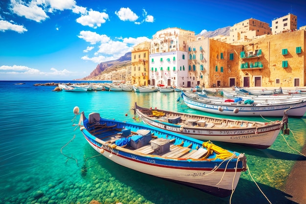 Boats in bay against background of ancient city buildings and towers