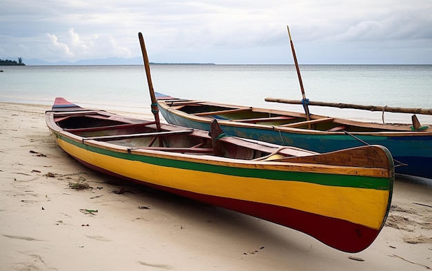 Photo boats on the beach, one of the many boats that is painted in yellow, red, and green.