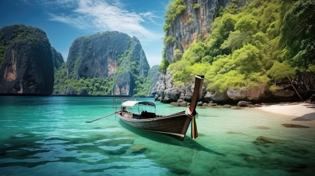 Boats at the beauty sea beach at tropical island beach lagoon Thai longtail boat in ocean on summer holiday vacation