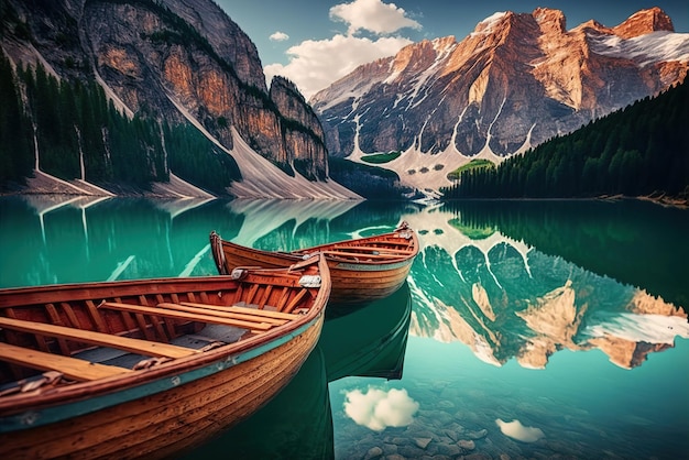 Boats on the Braies Lake (Pragser Wildsee) in Dolomites mountains