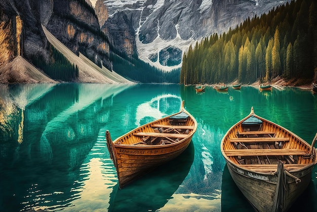 Boats on the Braies Lake (Pragser Wildsee) in Dolomites mountains