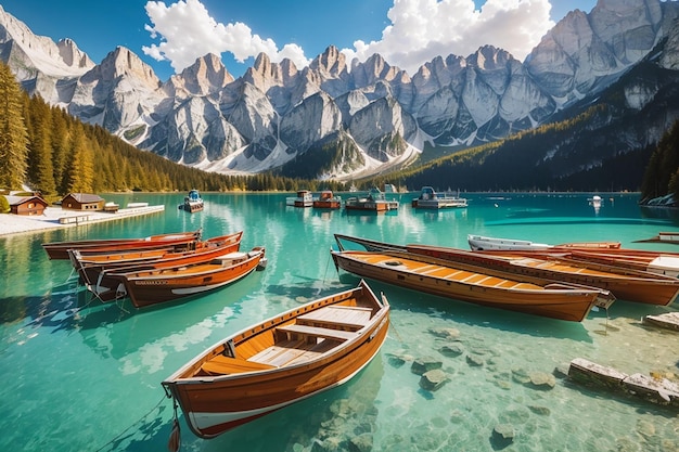 Boats on the Braise Lake in Dolomites mountains Satiro