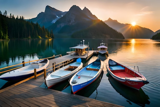 Boats on a dock with mountains in the background