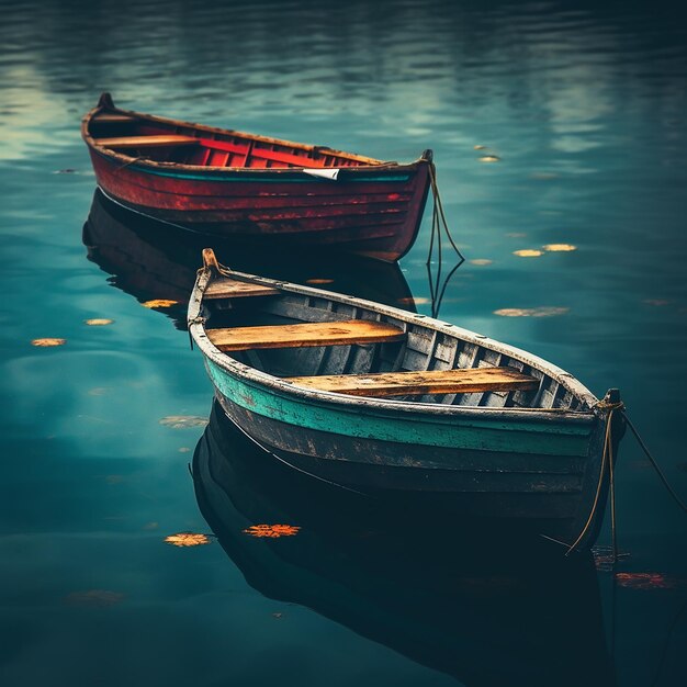 Фото Лодки, пристыкованные в воде с синим отражением