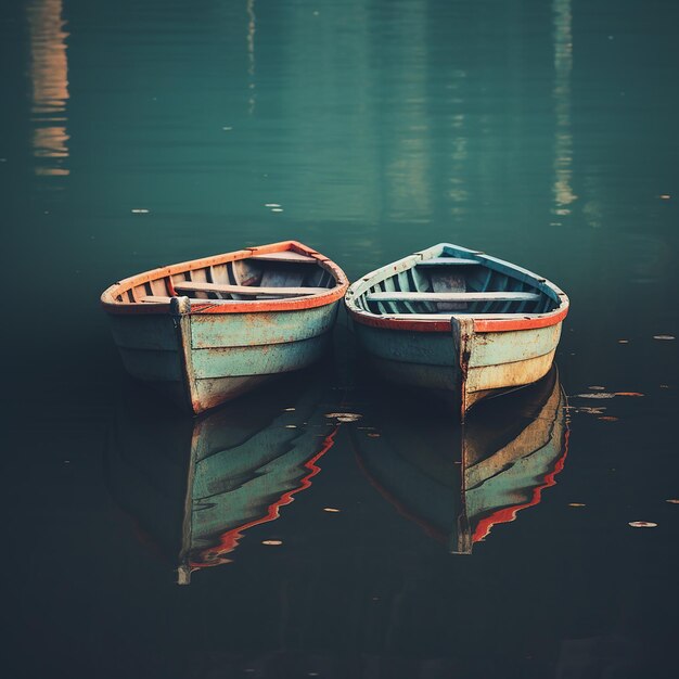 Фото Лодки, пристыкованные в воде с синим отражением