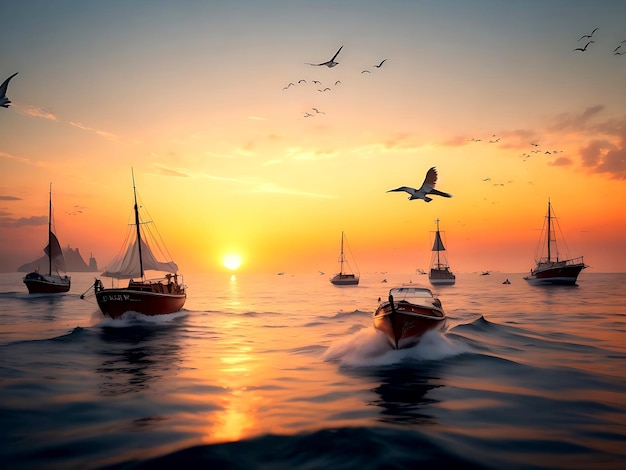 Boats floating in the sea sunrise and flying birds