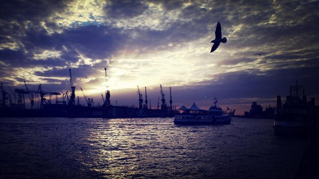 Boats in harbor against cloudy sky