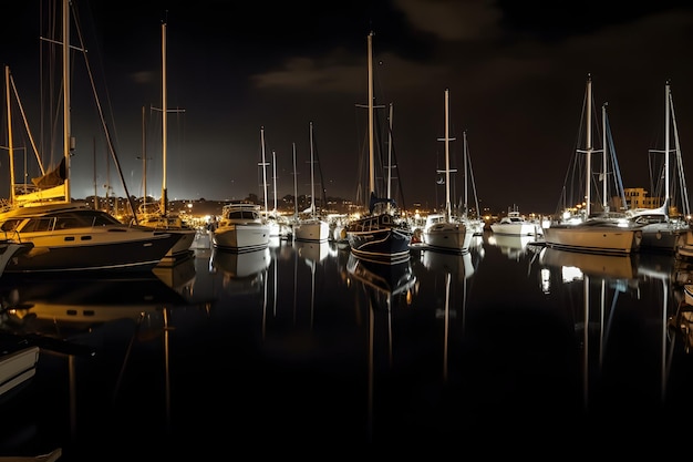 Boats in the harbor at night neural network generated image