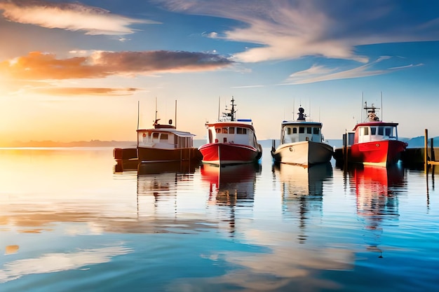 Boats in a harbor with a sunset in the background