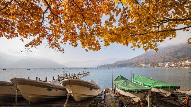 Boats on the lake in autumn