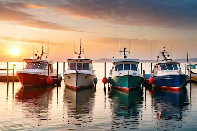 Boats lined up in a row at sunset