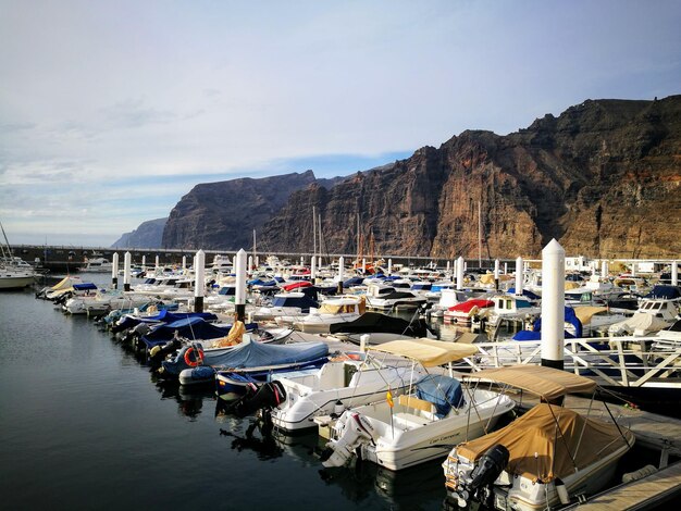 Photo boats moored at harbor