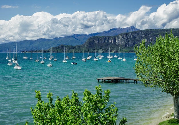 Boats moored on Lake Garda in the province of Verona.