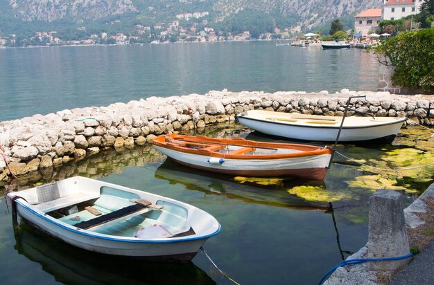 Boats moored in lake