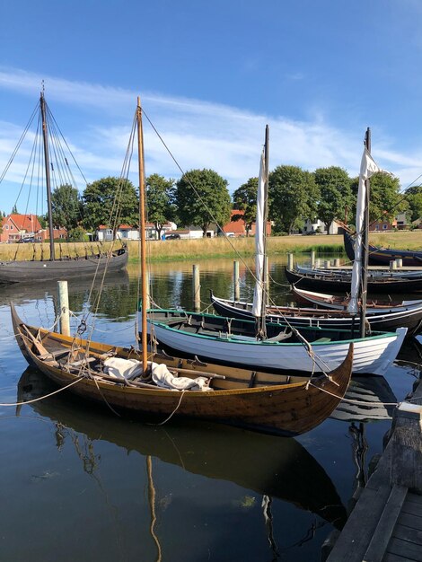 Boats moored in marina against sky