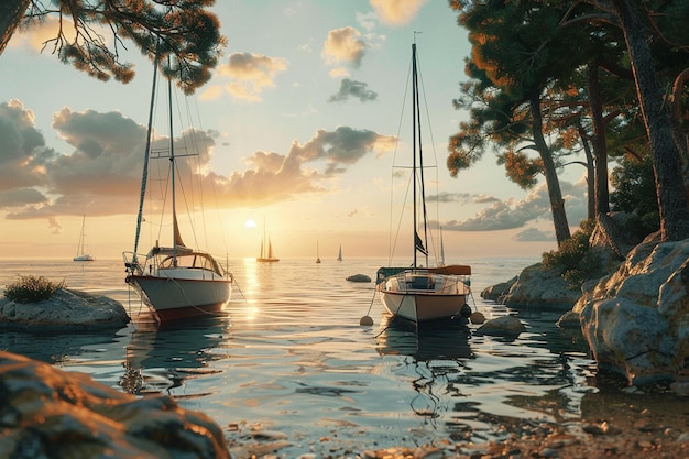 Boats moored in quiet coves octane render k UHD