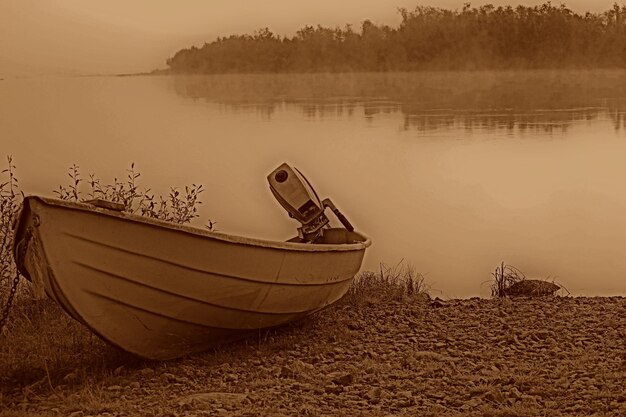 Boats moored at riverbank