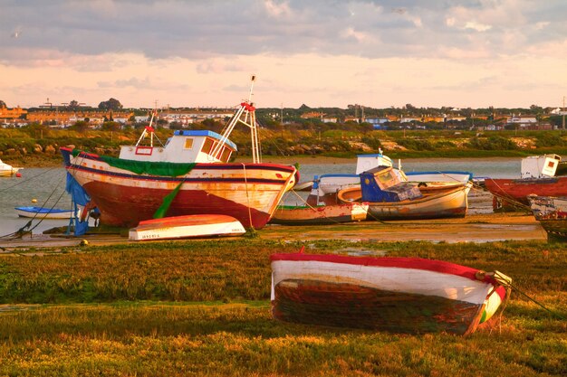 Boats moored on sea shore against sky during sunset