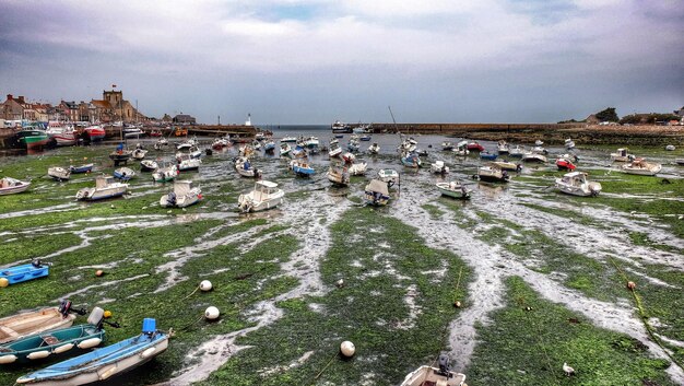 Boats moored at shore against cloudy sky