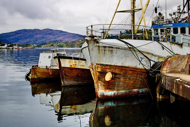 Boats moored in water against sky