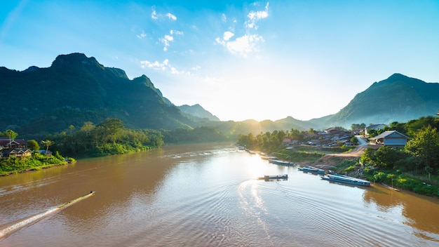 Boats on Nam Ou River at Nong Khiaw villlage Laos