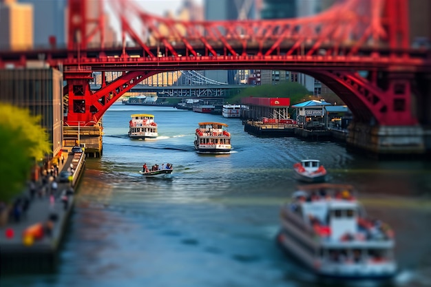 Photo boats passing under red bridge over river