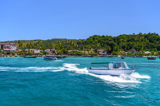 Boats and rocks Phi Phi Don island Andaman sea Krabi Thailan