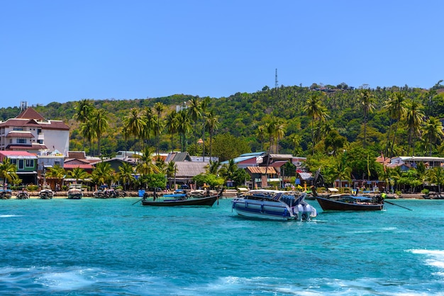 Boats and rocks Phi Phi Don island Andaman sea Krabi Thailan