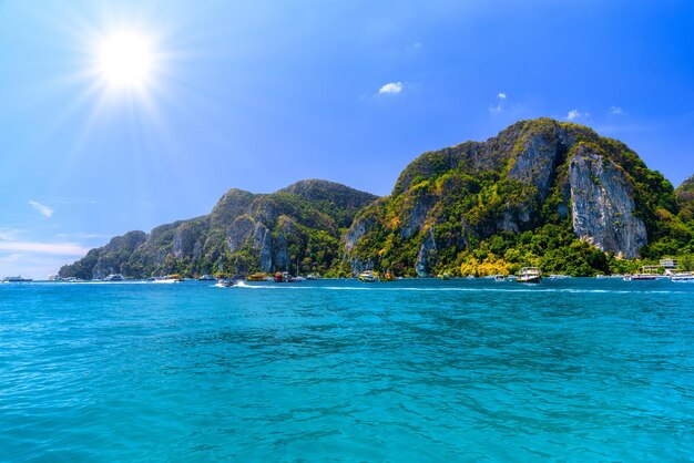 Boats and rocks Phi Phi Don island Andaman sea Krabi Thailan