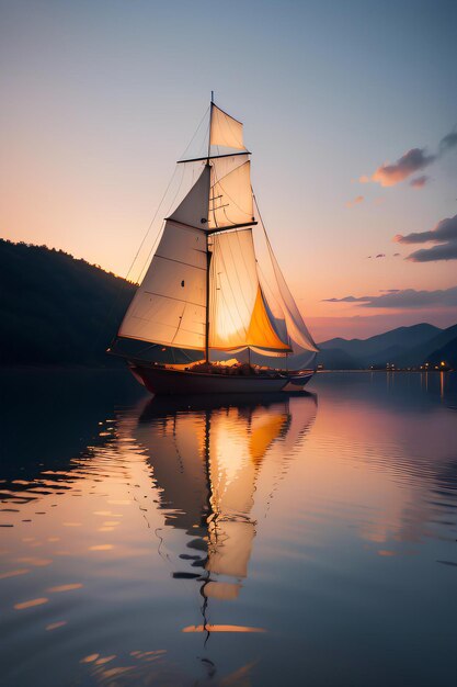 Boats sailing on a beach with a sunset in the background