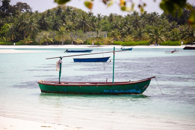 몰디브 Guraidhoo 섬의 모래 위의 보트