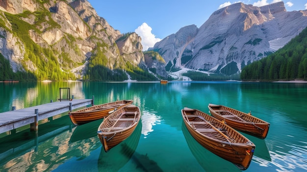 Boats view on the braies lake dolomites mountains sudtirol italy generative ai image