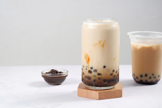 Boba milk tea or taiwan milk tea with bubble on white background