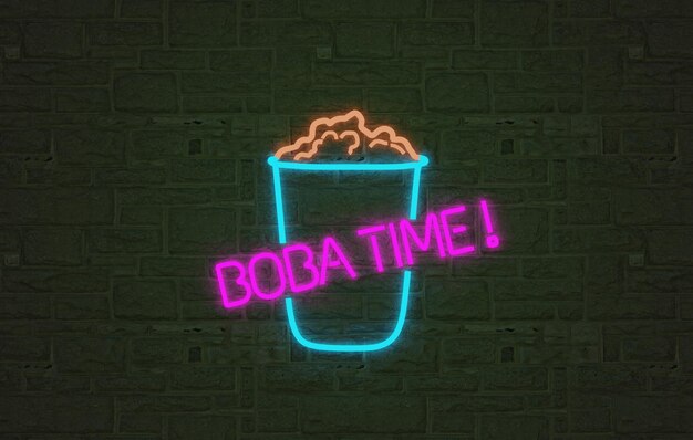 Foto insegna di luce al neon boba time, banner di boba time incandescente con sfondo di mattoni