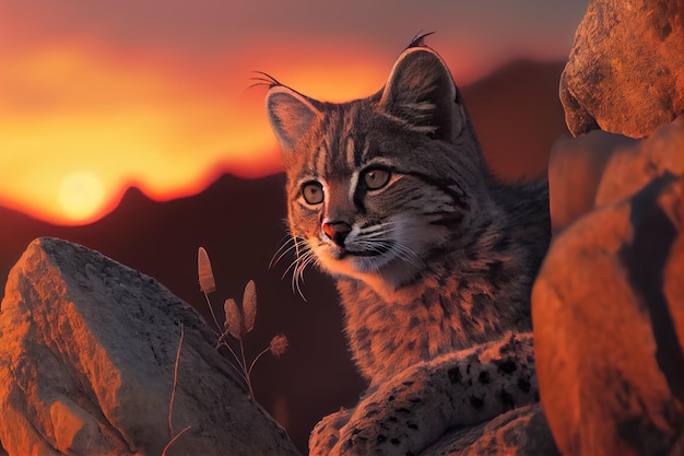 Bobcat climbing rock face with view of the sunset